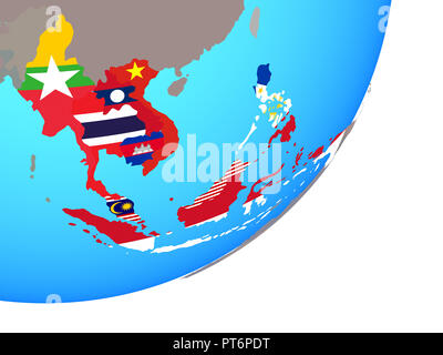 ASEAN memeber states with embedded national flag on blue political globe. 3D illustration. Stock Photo