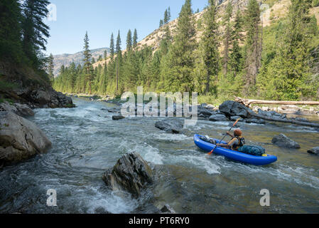 Paddling an inflatable kayak on Idaho's Selway River. Stock Photo