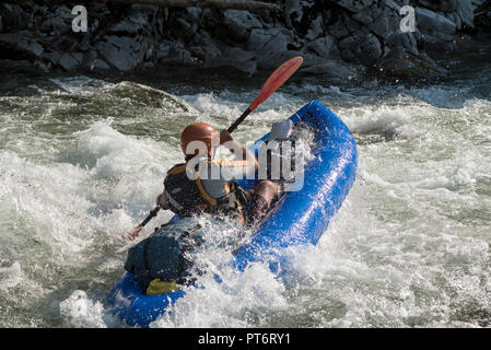 Paddling an inflatable kayak on Idaho's Selway River. Stock Photo