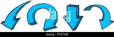 Blue arrows. Down signs. Colored hand drawn sketch Stock Vector