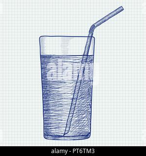 Glass of water with drinking straw. Hand drawn sketch Stock Vector
