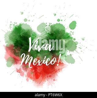 Independence day concept background. Abstract watercolor splashes in Mexico flag colors. Heart shaped watercolor blot. Viva Mexico! Stock Vector