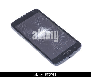 Accidentally cracked, damaged smartphone LCD screen isolated on white background Stock Photo