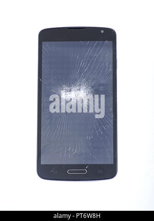 Accidentally cracked, damaged smartphone LCD screen isolated on white background Stock Photo