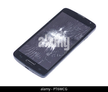 Accidentally cracked, damaged smartphone LCD screen isolated on white background Stock Photo