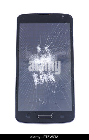 Accidentally cracked, damaged smartphone LCD screen isolated on white background Stock Photo