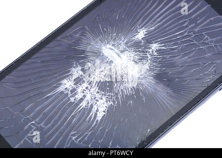 Accidentally cracked, damaged smartphone LCD screen isolated on white background Stock Photo