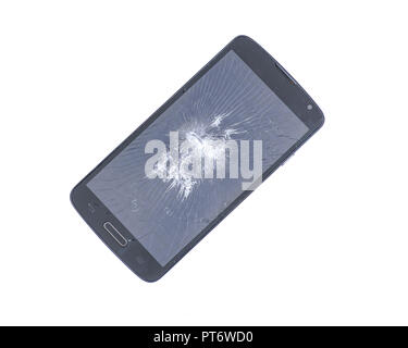 Accidentally cracked, damaged smartphone LCD screen isolated on white background Stock Photo