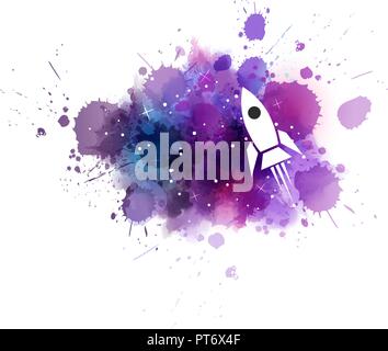 Multicolored watercolor imitation cosmos background with stars and flying rocket. Stock Vector