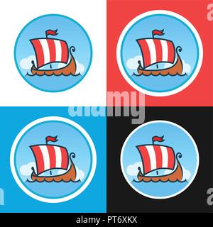 Set of Round Emblems with Drakkars Stock Vector