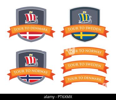 Vector Emblem Set with Coat of Arms of Scandinavia Stock Vector