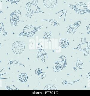 Hand drawn vector seamless pattern with cosmonauts, satelites, rockets, planets, moon, falling  stars and UFO. Cosmic ornament on the light background Stock Vector