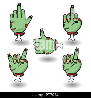 Severed zombie hand gesture set. Funny cartoon Halloween vector sticker pack. Collection of gestures dead zombie hands for the Halloween. Clip art ill Stock Photo