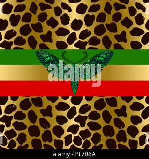 Seamless leopard pattern. Animal skin grunge texture with blue moth. Giraffe gradient background. Vector illustration. Stock Vector