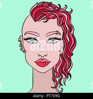 Doodle girl with shaved head. Womens portrait with pink hair. Vector illustration. Stock Vector
