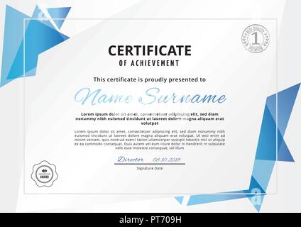 Official white certificate with blue triangle design elements. Business clean modern design Stock Vector