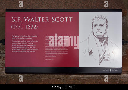 Descriptive plaque. Grave of Sir Walter Scott. Dryburgh Abbey. Dryburgh, St.Boswells, Roxburghshire, Scottish Borders, Scotland, United Kingdom. Stock Photo