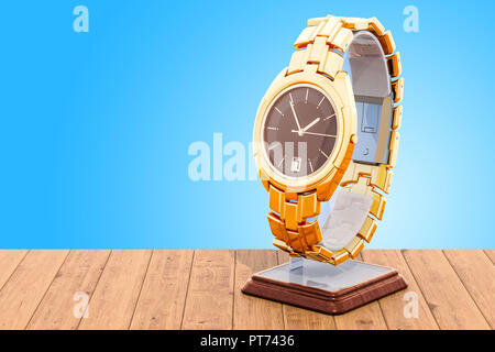 Golden wrist watch on the stand holder on the wooden table. 3D rendering Stock Photo