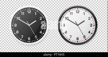 Realistic White and Black Wall Office Clock Icon Set. Design Template for Mockup, Graphics, Branding, Advertise. Wall Clock Mock-up Closeup Isolated on Transparent Background. Front or Top View Stock Vector