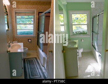 Bathroom renovation with ceramic sink and porcelain tiles showing the progression of renovation in before and after photos Stock Photo