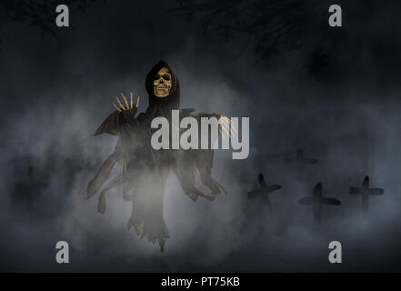 Flying ghost skeleton in a cemetery at night. Stock Photo