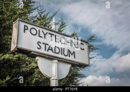 Closeup of signage at The Polytechnic Stadium -  a sports venue on Hartington Road, Chiswick, west London, England, UK Stock Photo