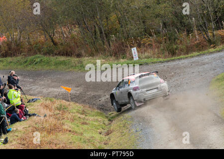 Dyfnant, UK. 6th October 2018. Spectators watch as the Citroen C3 R5 rally car driven by Stephane Lefebvre of France takes a high speed corner on Stage 14 of the 2018 Wales Rally of Great Britain, the 11th round of the 2018 FIA World Rally Championship Credit: Mike Hillman/Alamy Live News Stock Photo