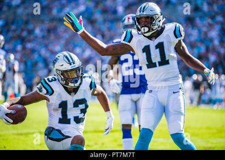 Charlotte, USA. 7th Oct 2018. Carolina Panthers wide receiver Jarius Wright (13) and Carolina Panthers wide receiver Torrey Smith (11) during the NFL football game between the New York Giants and the Carolina Panthers on Sunday October 7, 2018 in Charlotte, NC. Jacob Kupferman/CSM Credit: Cal Sport Media/Alamy Live News Stock Photo