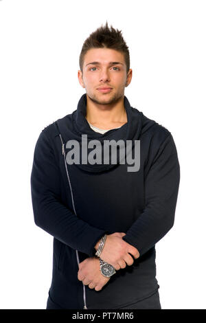Handsome young man with black sweater on white Stock Photo