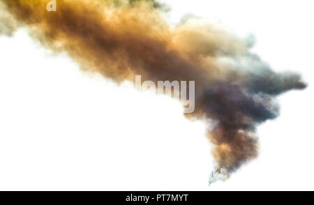 Orange and grey dark cloud of wildfire smoke isolated on white background. Nature dangerous disaster. Rising soot and dust. Stock Photo