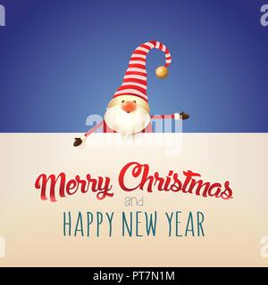 Gnome wish Merry Christmas and Happy New Year with text on board. Blue background Stock Vector