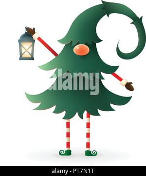 Gnome hidden in Christmas tree with lantern- isolated on transparet background Stock Vector