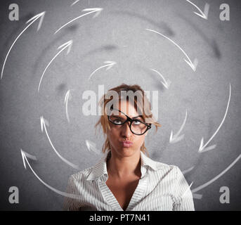 Confused businesswoman has dizziness. Concept of stress and overwork Stock Photo