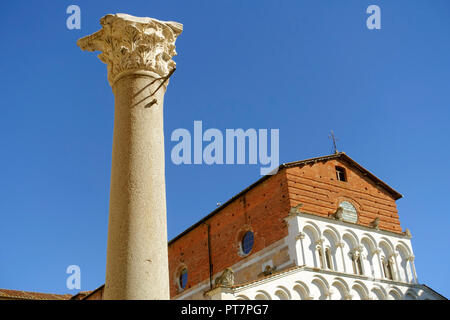 The Santa Maria Forisportam church in Lucca, Italy.This is  a fine example of Pisan Romanesque with the essentially linear facade in Marble with arcad Stock Photo