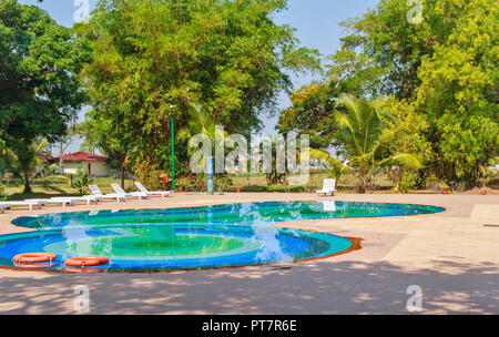 KOCHI COCHIN INDIA SWIMMING POOL WITH BLUE MOSAIC TILES SURROUNDED BY LARGE BAMBOO TREES Stock Photo