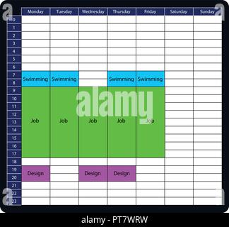 The week time table mockup. The tasks planner with a white background. Stock Vector