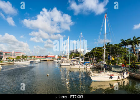 Bridgetown, Barbados - December 18, 2016: Sailing yachts moored in the downtown marina of Bridgetown, Barbados, Caribbean.