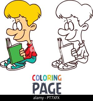 young boy reading book cartoon coloring page Stock Vector