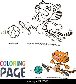 tiger playing football cartoon coloring page Stock Vector