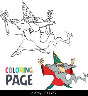 old people wizard cartoon coloring page Stock Vector