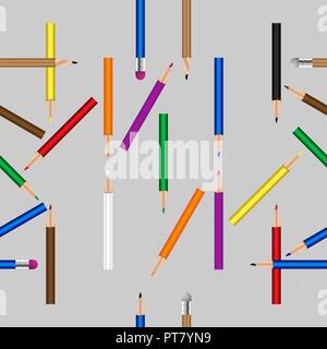 Vector seamless pattern with pencils, rubber and crayon, School objects vector seamless pattern, Stock Vector