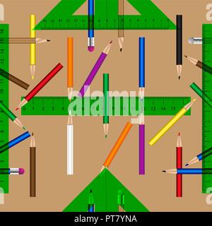 Vector seamless pattern with pencils, ruler, rubber and crayon, School objects vector seamless pattern, Stock Vector