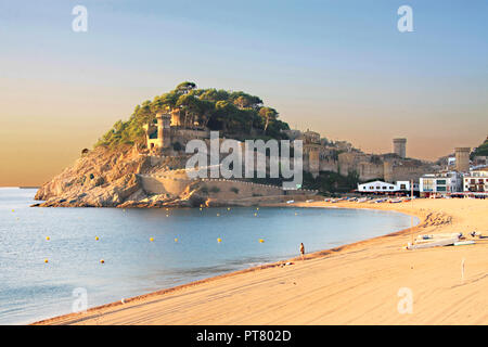 The old castle ruins at the Spanish  seaside coastal resort of Tossa de Mar Spain on the Costa Brava Stock Photo