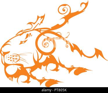 Decorative old lion head symbol. Tribal orange lion's head created by the twirled ornate elements on a white background Stock Vector