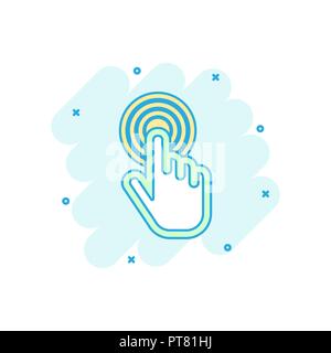 Cartoon colored click hand icon in comic style. Cursor finger illustration pictogram. Click sign splash business concept. Stock Vector