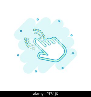 Cartoon colored click hand icon in comic style. Cursor finger illustration pictogram. Click sign splash business concept. Stock Vector