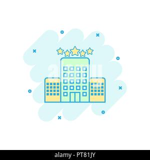 Cartoon colored hotel icon in comic style. Motel rest illustration pictogram. Hotel sign splash business concept. Stock Vector