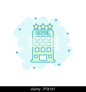 Cartoon colored hotel icon in comic style. Motel rest illustration pictogram. Hotel sign splash business concept. Stock Vector