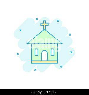 Cartoon colored church sanctuary icon in comic style. Temple building illustration pictogram. Church sign splash business concept. Stock Vector