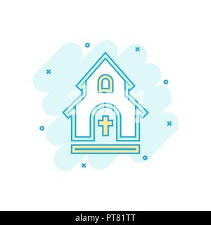 Cartoon colored church sanctuary icon in comic style. Temple building illustration pictogram. Church sign splash business concept. Stock Vector